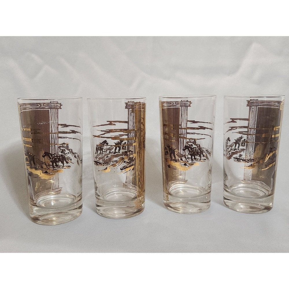 Rare MCM Charles Russell Cowboy Western 24K Gold  Highball Glass EUC Set Of 4 - Picture 8 of 8